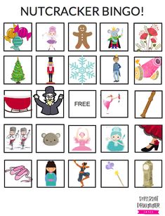 a printable nutcracker bingo game with pictures of people and christmas decorations on it