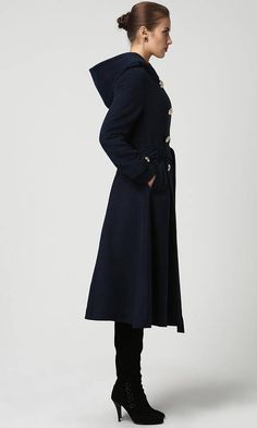 OvercoatBlue coat Wool Coat Womens coats Winter Hooded Pea Coat For Workwear, Hooded Pea Coat With Buttons For Workwear, Double-breasted Wool Coat With Buttons For Winter, Double-breasted Winter Peacoat With Buttons, Blue Double-breasted Wool Coat With Button Closure, Long Pea Coat With Button Closure, Long Wool Coat With Button Closure, Long Wool Pea Coat With Buttons, Solid Long Peacoat With Button Closure