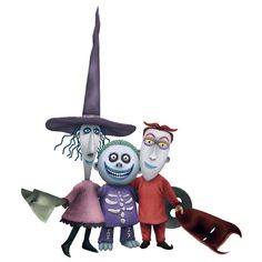 three cartoon characters dressed in halloween costumes and hats, standing next to each other with their arms around one another