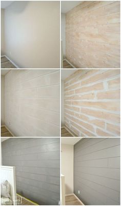 four different pictures of the same wall in an empty room with white paint and wood paneling