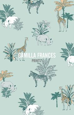 various animals and plants on a blue background with the words, camilia francess prints