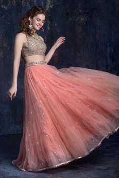 Shop for Ashwini Reddy Peach Tulle Embroidered Lehenga Set for Women Online at Aza Fashions Gowns Dresses Indian Party Wear, Sangeet Dresses, Orang India, Sari Lehenga, Fashion Factory, Mehndi Dresses, Desi Dress, Lehenga Saree Design, Indian Skirt