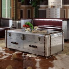 a silver trunk sitting on top of a brown and white rug