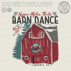 a red barn with a wreath on it and the words, keep ahead that barn dance