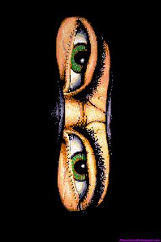 an image of the eyes of a person with green and yellow colored contacts on their face