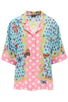 33% Silk, 67% Viscose | Versace Women's Silk Blend Shirt | FW23/24 Colorful Clothing, Versace Shorts, Versace Couture, Versace Brand, Latest Fashion Design, Contrast Piping, Versace Jeans, Gianni Versace, Short Shirts