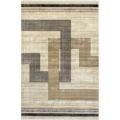 a beige rug with black and white lines on it, in the shape of a rectangle