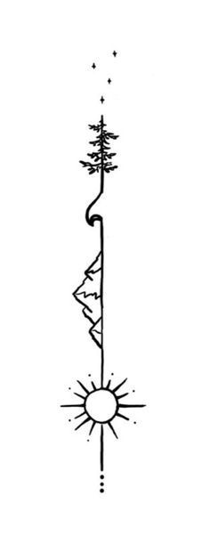 a black and white drawing of a tall tree with stars on it's top