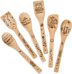 six wooden spoons with different designs and words on them, all hand carved from wood