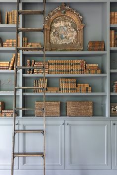 a ladder leaning up against a bookshelf filled with books