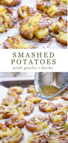 smashed potatoes with garlic and herbs on a baking sheet