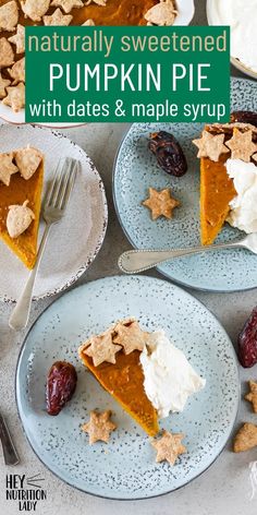 there is a slice of pumpkin pie on the plate with whipped cream and star shaped crackers