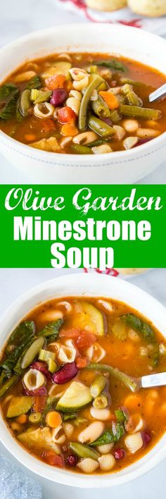 two bowls filled with minestone soup on top of a white table and green border