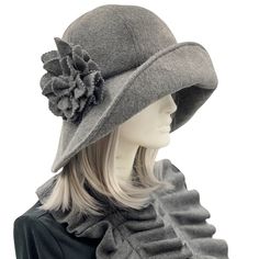 Wide brim fleece hat in gray rear view open brim Flower Brooch Handmade, 1920s Hat, Bespoke Hats, Social Media Buttons, Ruffle Scarf, Brooch Handmade, Hats Women, Fleece Hat, Top Hats