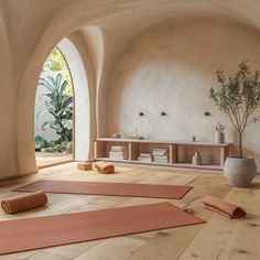 there are two yoga mats on the floor in front of an open window and a potted plant