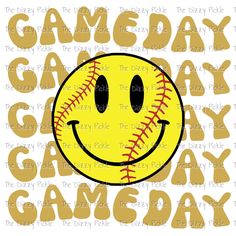 a smiley face with the words gameday and a softball ball in it's mouth