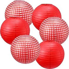 six red paper lanterns with gingham checkerboard pattern on each one, set against a white background