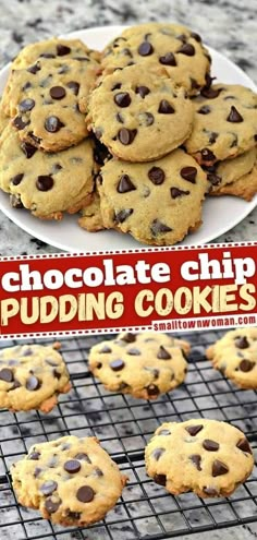 chocolate chip pudding cookies on a cooling rack with text overlay that reads, chocolate chip pudding cookies