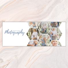 a white and blue photo collage with the words photography on it, surrounded by photos