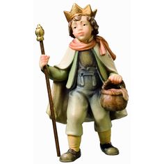 a figurine of a boy holding a basket and a cane