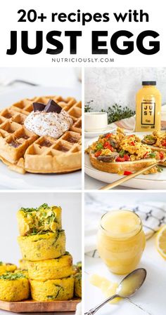 the collage shows different types of food and drinks with text overlay that reads 20 + recipes with just egg