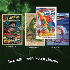 three cartoon covers are shown with the words bloxburg teen room specials