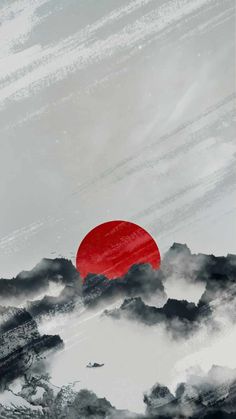 a red umbrella floating in the sky above some clouds and mountains on a cloudy day