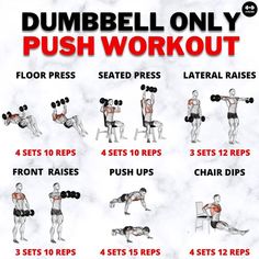 the dumbbell only push workout is shown in red and black, with instructions to use it