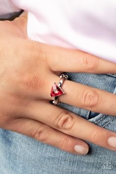 A fiery red triangular cut rhinestone is nestled inside of a pronged silver frame atop a classic silver band for a dash of dramatic dazzle. Features a stretchy band for a flexible fit.

 Sold as one individual ring. Red Ring, Red Rings, Red Jewelry, Rhinestone Ring, Paparazzi Accessories, Fiery Red, Red Rhinestone, Paparazzi Jewelry, Silver Frame