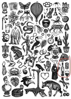 an old fashioned drawing of various items in black and white, with the word love written on