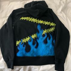 Blue Flame Painted With Caution Tape Graphics. Smiley Face Design On Front. Super Sick Fitted Blue Sweatshirt For Streetwear, Smiley Face Design, White Hooded Sweatshirt, Pink North Face, Caution Tape, Tech Hoodie, Black Hooded Sweatshirt, Slouchy Sweatshirt, Lululemon Long Sleeve