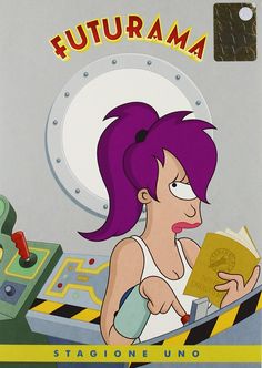 a woman reading a book in front of a mirror with the words futurama on it