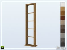 a tall wooden window next to a color swat list for the flooring material selection