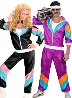 Couple 80s Shell Suit Dress Up Purple Black Tracksuit Costume 80s Costume For Men, Disco Dance Outfits, Hippie Costume Halloween, 80s Party Outfits, 80s Costume, Black Tracksuit, Shell Suit, Color Blocking Outfits, Party Mode