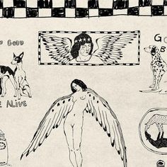 an old black and white drawing of angels, dogs, and other animal related items