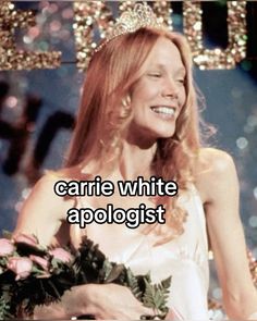 a woman wearing a tiara and holding flowers in her hand with the caption, carrier white apolotist