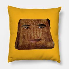 a yellow pillow with an image of a toasted sandwich on it's side