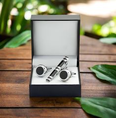 A chrome Black Rectangular Cufflinks For Gift, Silver Cufflinks With Gift Box For Father's Day, Black Jewelry For Business On Father's Day, Elegant Jewelry For Business With Gift Box, Adjustable Formal Jewelry For Father's Day, Formal Cufflinks With Gift Box For Father's Day, Classic Jewelry Gift For Father's Day, Classic Jewelry Gift Box For Father's Day, Cufflink Set