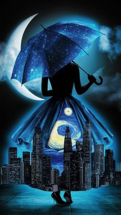 a woman holding an umbrella standing in front of a cityscape with the moon and stars above her