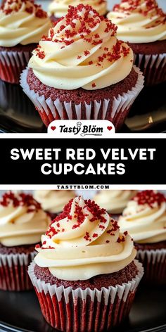 red velvet cupcakes with white frosting and sprinkles