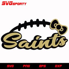 the saints football logo is shown in black, gold and white with a teddy bear on it