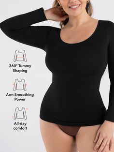 Introducing the Shapermint Essentials All Day Every Day Long Sleeve Shaping T-Shirt - a flawless fusion of style, comfort, and versatility. This style will become your ultimate wardrobe staple, effortlessly smoothing your tummy, back, and upper arms. This shaping essential will flatter and enhance your curves. Its opaque, non-see-through fabric even allows you to confidently wear it as an outerwear top. Plus, the comfortable and breathable material ensures unrivaled comfort for round-the-clock w Fitted Seamless Crew Neck Top, Seamless Stretch Crew Neck Top, High Stretch Black Tops With Seamless Design, Black High Stretch Seamless Top, Black Seamless Scoop Neck Top, Comfortable Black Long Sleeve T-shirt, Black Seamless Long Sleeve Top, Black Long Sleeve T-shirt With Comfortable Fit, Upper Arms