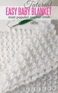 crochet baby blanket with the text, easy baby blanket most popular crochet stitch