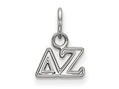 Rhodium over sterling silver polished Delta Zeta sorority Greek letters extra small pendant from LogoArt. Measures approximately 7/16"L x 3/8"W. Silver Jewelry With Logo Charm For Anniversary, Anniversary Silver Jewelry With Logo Charm, Silver Charm Necklace With Logo As Gift, Delta Zeta Gifts, Delta Zeta Keychain, Delta Zeta Stickers, Delta Zeta T Shirts, Delta Zeta Sorority, Delta Zeta