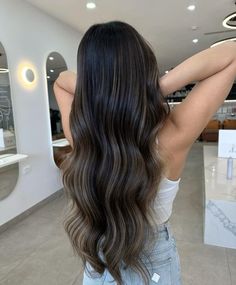 Balayage Highlights On Dark Hair, Brown Balayage Highlights, Highlights On Dark Hair, Balyage Long Hair, Sunkissed Hair Brunette, Sunkissed Hair, Dark Brown Hair Balayage