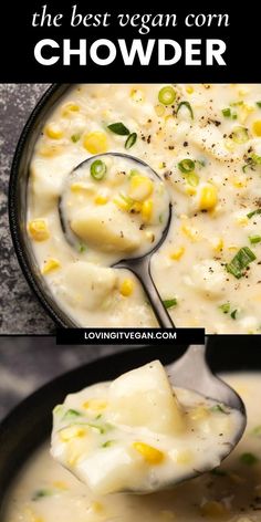 the best vegan corn chowder recipe is made with potatoes, corn and cheese