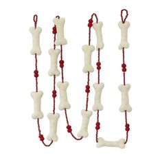 dog bone and bead necklaces with red beads on white background, set of 6