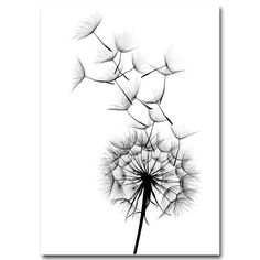 a black and white photo of a dandelion with its seeds blowing in the wind