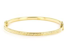 Moda Al Massimo® 18k Yellow Gold Over Bronze Greek Key Bangle. Measures approximately 1/8 of an inch in width and has a box clasp. Hinged Yellow Gold Bracelet As Gift, Hinged Yellow Gold Bracelet For Gift, Hinged Yellow Gold Bracelet Gift, Classic Hinged Bangle As Gift, Star Wars Earrings, Cubic Zirconia Bracelet, Mixed Metal Jewelry, Diamond Jewelry Necklace, Halo Earrings