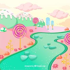 a cartoon landscape with lollipops, rocks and flowers on the water's edge